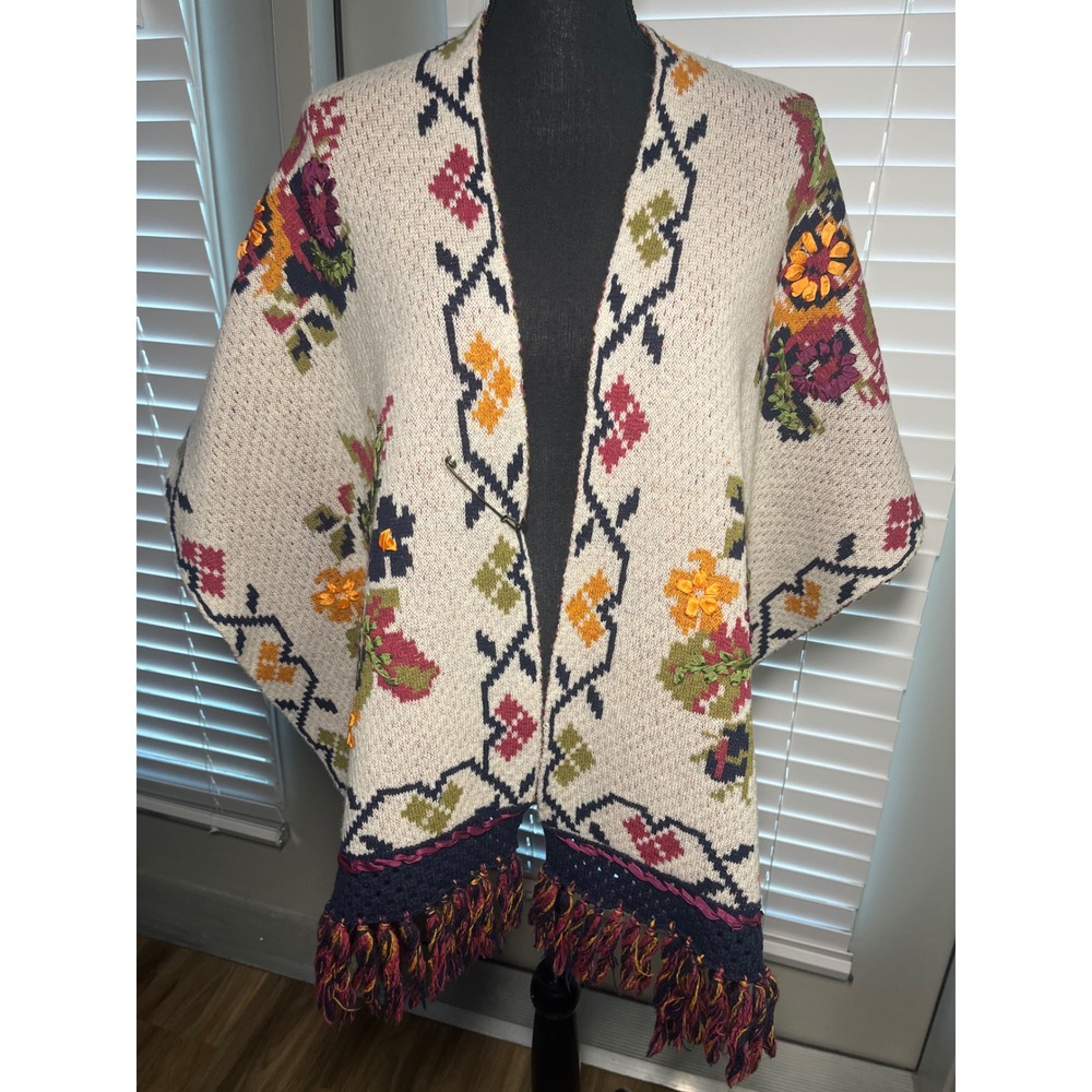 Angel of the North 100% Lambswool Embroidered Open Poncho Ruana One Size OS